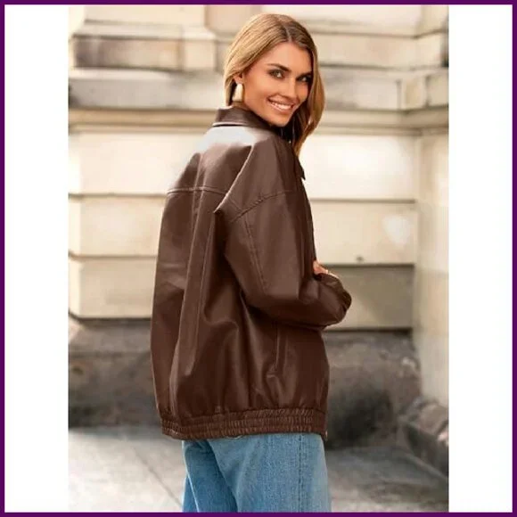 Oversized Faux Leather Bomber Jacket, Relaxed Fit, Button Front